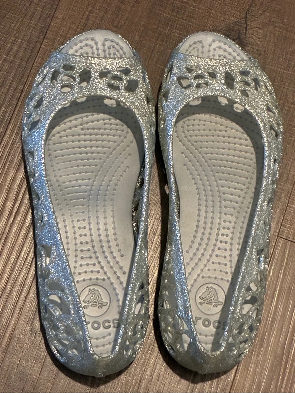 CROCS Girls Silver Glitter Peep-Toe Flats